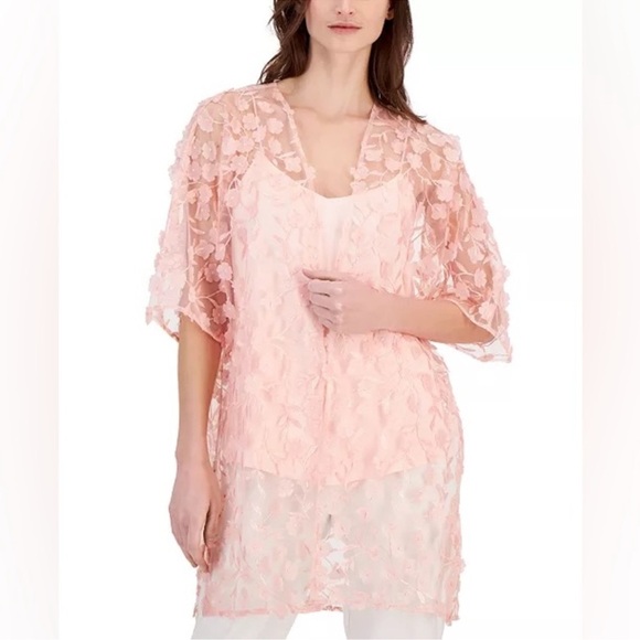 Anne Klein Women’s Blush Pink Floral Mesh sheer oversized Kimono Jacket XXS/XS - Picture 2 of 10